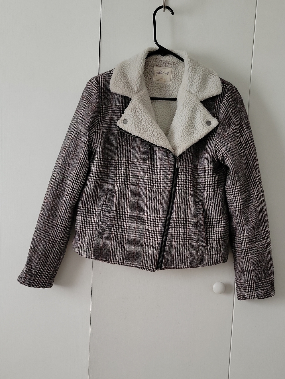 White Crow Plaid Moto Jacket with White Sherpa Collar